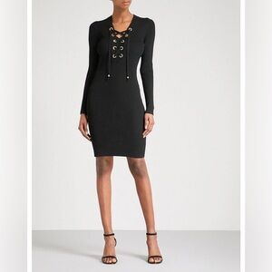 MICHAEL KORS Lace-Up Ribbed Dress Size Small Black fitted